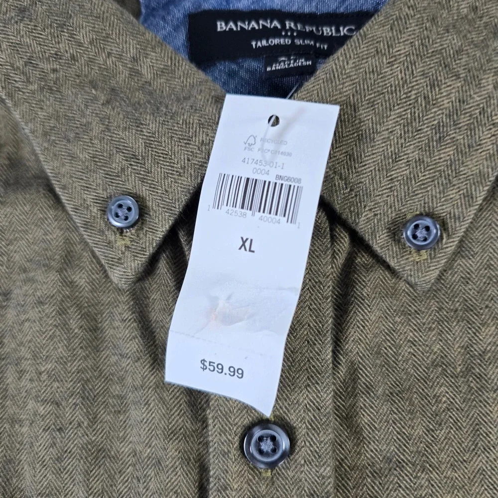 Banana Republic Mens XL Tailored Slim Fit Herringbone Utility Shirt Olive Brown